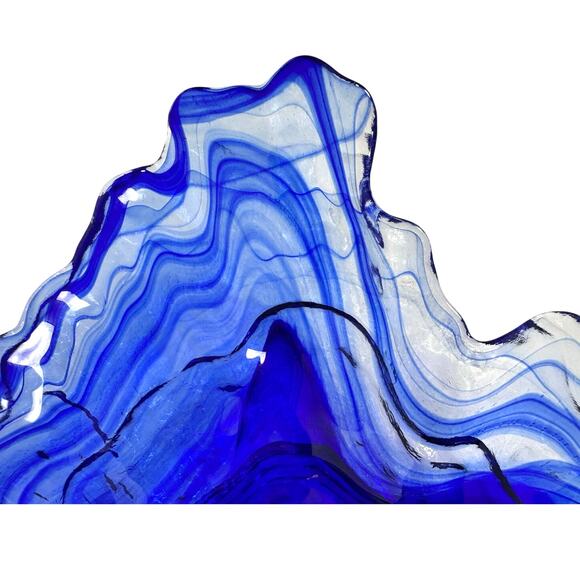 Abstract Blown Art Glass MCM Oyster Design Cobalt Ice Blue Clear Serving Bowl! - Picture 6 of 9